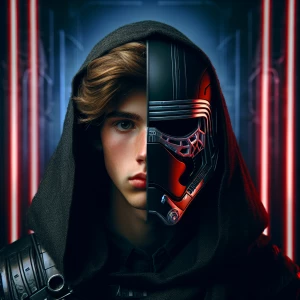 "Create a digital artwork featuring a young person whose face is...