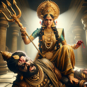 portrait of angry looking, indian goddess cosplayer straddling a defeated mahishasur, while he is lying on the ground and she stabs him with her trident. She is wearing a huge gold crown, gold saree, abundant  gold jewelry, covered in blood. The scene is set in ancient India. The image is 8K resolution, cinematic, photography, ultra detailed face and epic.