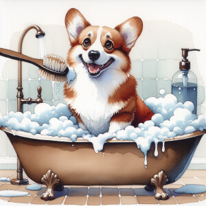 Whimsical alcohol ink wet in wet, a red and white pembroke corgi...