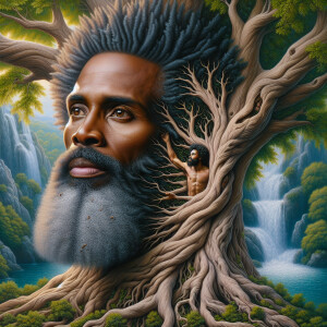 A hyper-realistic 3-D oil painting depicting a tree integrated w...