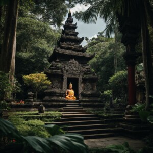 Zoom out .. Theravada Buddhist temple located in bali surrounded...