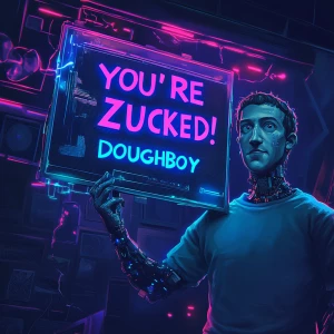 A surreal, hyper-detailed digital illustration of Mark Zuckerber...