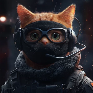 A wide-eyed ginger cat wearing a black tactical balaclava (or ma...