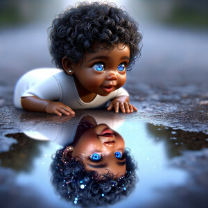 A curious cute african-American, baby with huge blue eyes and cu...