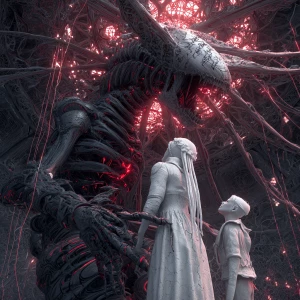 Photorealistic lucid nightmare Grimdark horror fantasy. A white...