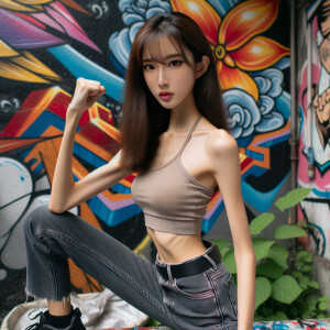 Very thin Athletic Thin skinny Attractive, Asian teenage girl, long brown hair and bangs, wearing tight skinny jeans and a halter top paint marks on her clothing, sitting side view heroic pose Asian graffiti