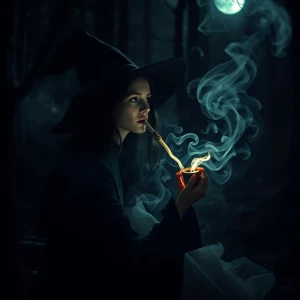 "In a secluded, shadowy forest clearing, a mysterious witch sits quietly, wreathed in mist and moonlight. Her slender fingers hold a smoldering herbal pipe, from which she draws a fragrant, intoxicating smoke. The tendrils of vapor curl and twist around her, forming ghostly shapes that flicker and dissolve in the cold night air. Her eyes, illuminated by the glow of the pipe, glint with otherworldly knowledge and secrets untold. The atmosphere is thick with an unnerving aura, as if the woods themselves hold their breath, watching and waiting for her next spectral incantation."