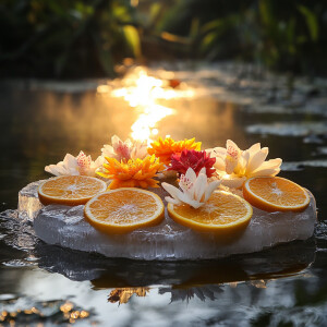 A stunning ice krathong with frozen citrus slices and fresh flow...