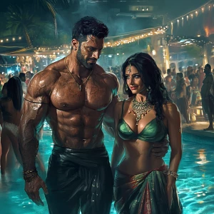 Fantasy digital art,a muscular beefy sweaty man walking with his...