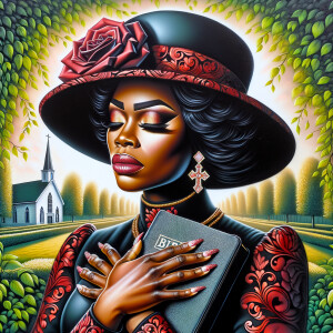 An airbrush oil painting captures an African American woman in a...