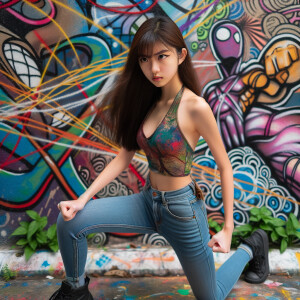 teenage girl, long brown hair and bangs, wearing tight skinny jeans and a halter top paint marks on her clothing, heroic pose Asian graffiti background, nearing on one knee