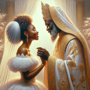 Imagine a hyper-realistic oil painting that captures a tender moment between theAfrican American bride and her God. The setting is intimate and filled with soft, warm lighting that enhances the emotional depth of the scene. The bride, in herexquisite wedding gown, shares a heartfelt embrace with her african-American Lord Jesus , who is dressedin an elegant outfit that complements the wedding's color scheme. Their expressions are full of love, pride, and joy, reflecting the special bond between them. Theattention to detail is paramount, from the intricate designs of their dresses to the subtle emotions conveyed in their facial expressions. The background is a blur ofgentle pastel hues, ensuring that the focus remains on this touching moment. Thispainting should convey the warmth, love, and depth of the relationship, with the rich textures and vibrant strokes characteristic of oil paintings, capturing the essence of this significant pre-wedding moment.