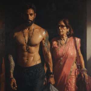 Hyperrealism painting ,a new delhi muscular beefy bearded tatto...
