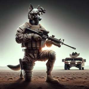 You are a graphic designer who works in a cinematic style, create me a realistic image of a dog playing the role of a United States marine. The dog is standing up on two hind legs like a human, wearing full marine armor. He is toting M16 rifle with a night vision camera on the helmet. He is walking on the desert, behind is a running Hum V following him. This image is created in high definition.