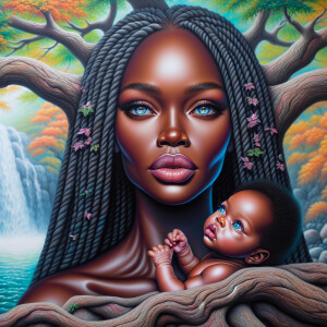 Create a close-up, hyper-realistic 3-D oil painting of a tree wi...
