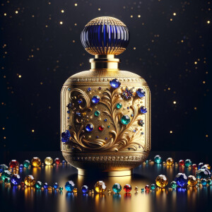 Create a 3-D realistic gold and  blue, colorful jewels perfume bottle
In the shape of a women’s body with the name Karen