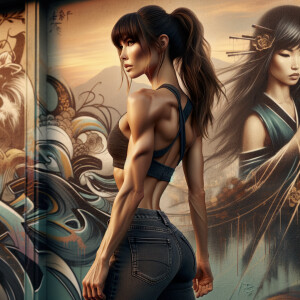 Athletic Thin skinny Attractive, Asian teenage girl, long brown hair and bangs, wearing tight skinny jeans and a halter top paint marks on her clothing, heroic pose Asian graffiti background, backside view