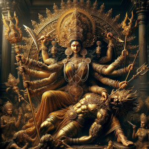 portrait of angry looking goddess durga sitting on a gold crown and carrying a weak mahishasur on her lap and stabbing him with her amazingly designed trident. She is wearing gold armor, a huge gold crown, gold saree, abundant  gold jewelry, covered in blood. The scene is set in ancient India. The image is 8K resolution, cinematic, ultra detailed face and epic.