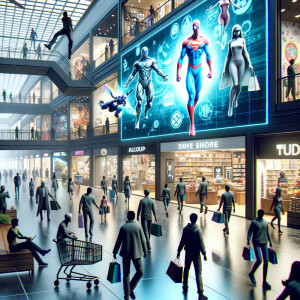 A shopping mall of the future where all shoppers are famous comi...