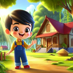 A cute little boy with black hair wearing a yellow shirt, blue o...