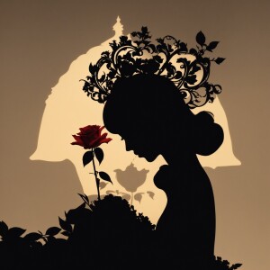 Black and white silhouette of a queen holding a rose