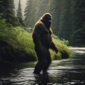 A realistic humanoid Sasquatch with thick hair strolling beside...