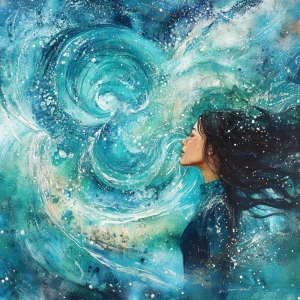 Illustrate a woman emanating powerful supernatural energy in wat...