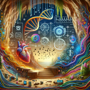 The golden ratio, Minimalist art Circuit, boards, circuitry, diagrams Cellular structures, DNA, circuit boards, colorful wires,  asian and Egyptian  graffiti, lie detector graphs, cardio, printout , branches infinity sign, cave, Art, handprints, distant birds flying, flowering vines, abstract gestural painting, dna