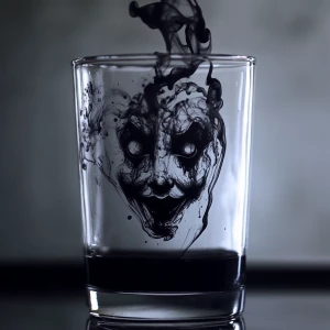 Macro photography. Black ink is dropped into a clear glass of wa...