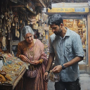 Realism art .A man walking witth his 58 years old rajasthani m...