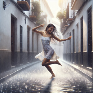 A 20-year-old beautiful woman dancing joyfully under heavy rain...