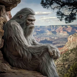 A humanoid looking grey haircovered sasquatch with a matted bear...