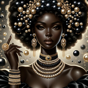 Imagine a digital portrait of a light skinned African-American Latino regal woman named KAREN Her attire and accessories are exclusively adorned with black and gold pearls. They grace her voluminous hair, styled in an elegant updo, where the black pearls form the roots and the gold pearls create the stunning curls. Her ears boast chandelier earrings, with black pearls clustered at the top, transitioning to gold pearls that dangle with delicate grace. Around her neck, a tiered necklace cascades with strands of alternating black and gold pearls, reflecting a sophisticated contrast.

Her shoulders are draped with a luxurious off-shoulder gown, the fabric's weave incorporating intricate patterns formed by black and gold pearls. The gown's texture has a subtle sheen, suggesting a high-quality material with a pearlescent finish. As a centerpiece, a grand brooch sits at her collar, with a large gold pearl surrounded by an elaborate design of smaller black pearls.

The background of the portrait features an abstract composition of floating pearls, swirling in a dance of shadows and light, emphasizing the color theme of black and gold. The name "KAREN" is discreetly integrated into the lower right corner of the artwork, blending seamlessly with the design, as if it were a signature part of the jewelry ensemble. The overall effect is one of timeless elegance, a blend of modern design and classic beauty, all tied together by the luxurious palette of black and gold.