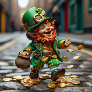 A tiny leprechaun walking down the street throwing gold coins on...