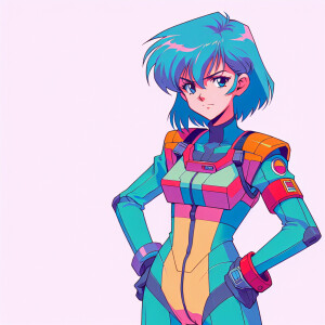1990s anime screencap, girl a plugsuit, standing with hands on h...