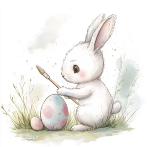 A cute bunny sitting in a bit of grass, holding a paint brush,...