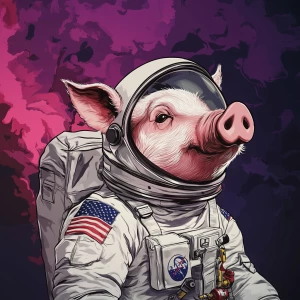 Cute cartoon pig in vintage white spacesuit and NASA style helme...