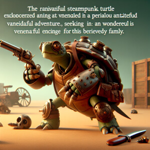 3D animated explorer turtle steampunk style, in a steampunk dese...