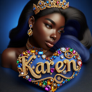 Craft a 3-D image showcasing the name 'KAREN' in a luxurious gol...