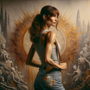 Athletic Thin skinny Attractive, Asian teenage girl, long brown hair and bangs, wearing tight skinny jeans and a halter top paint marks on her clothing, heroic pose Asian graffiti background, backside view