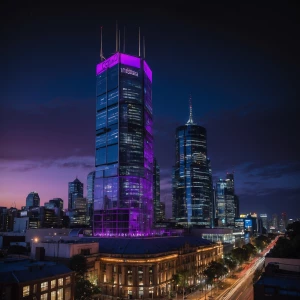 A cinematic view of the Melbourne skyline at dusk, with vibrant...