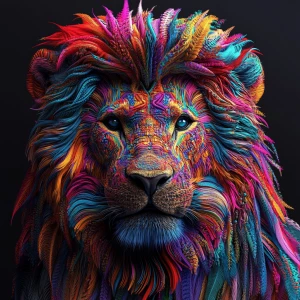 Create a 3D-rendered 8k UHD image of a lion with an extremely detailed, oversized psychedelic mane, incorporating vibrant colors and intricate patterns to emphasize a professional level of detail.