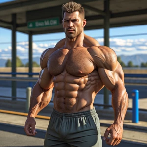 A lean, hairy man confidently displays his physique at a rest ar...