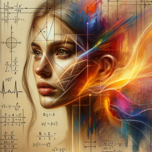 Abstract, minimalist, painting, with pencil line, paint stroke, gestures, colorful marks, mathematical equations, electrical cardiogram, printouts complex math formulas, dna asian teen girl