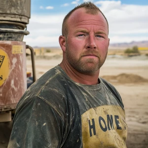 Brian Nobles a real 39 year old Caucasian male who is using  a concrete mixer, he is a  pump operator holding the hose which carries the liquid concrete to the foundation pour, Brian is slowly  beginning his transition into middle age, Brian Nobles is beginning to look like a older middle aged man, he has large reflective blue eyes and a wrinkled brow,Brian has a beard greying balding , prominent large protruding round fat obese belly,,thick greying goatee beard,decreased muscle mass ,very noticeable male pattern balding hairline, Brian Nobles now has a  prominent receding and thinning male hairline (onset male pattern baldness), slightly fat overweight(Caucasian)wearing tight body conforming  glossy satin shiny green and gold tight fitting body conforming UnderArmour athletic bodysuit,emblazoned with the "KD HOMES" real estate logo, standing confidently in front of a newly completed constructed new KD HOME in Victorville California in a raw desert landscape. Brian has a protruding fat obese muscular physique, large male bulge, fat obese muscular frame , shows a substantial frame with a noticeable mature hairline and expressive eyes. His workman’s  pose should reflect his experience in his trade.