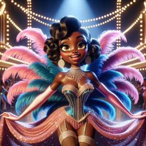 "Create an image of a vibrant female character that takes inspiration from the classic Betty Boop, reimagined as an African-American figure. She stands in the spotlight with an air of confidence, boasting an extravagant costume. Her attire features a dazzling corset adorned with crystals and a skirt parting gracefully to reveal her legs, all in a harmonious palette of pink, blue, and gold. Expansive, opulent feathers fan out from her back; a striking array of the same pink, blue, and gold hues, creating a visual spectacle that mimics the majesty of a peacock. The ambience is electric and lively, with sparkling lights that mimic a festive night parade. Her hair is styled in tight, glossy curls that frame her face, and her expression is one of joyous allure, with large expressive eyes and a bright, inviting smile. No text or watermark is present, ensuring that nothing distracts from the festive, animated essence of the scene."