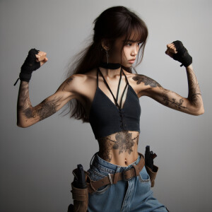 Thin Asian teen girl wearing tight jeans and a halter top Long brown hair and bangs, tattoos on her arms, athletic heroic pose