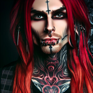 A long red haired Gothic Man with piercings and Gothic tattoos