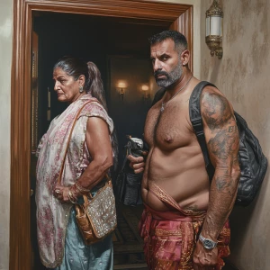 Hyperrealism .A sweaty beefy man entering with his 54 year old...