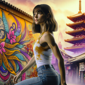 Athletic Thin skinny Attractive, Asian teenage girl, long brown hair and bangs, wearing tight skinny jeans and a halter top paint marks on her clothing, heroic pose Asian graffiti background,  backside view